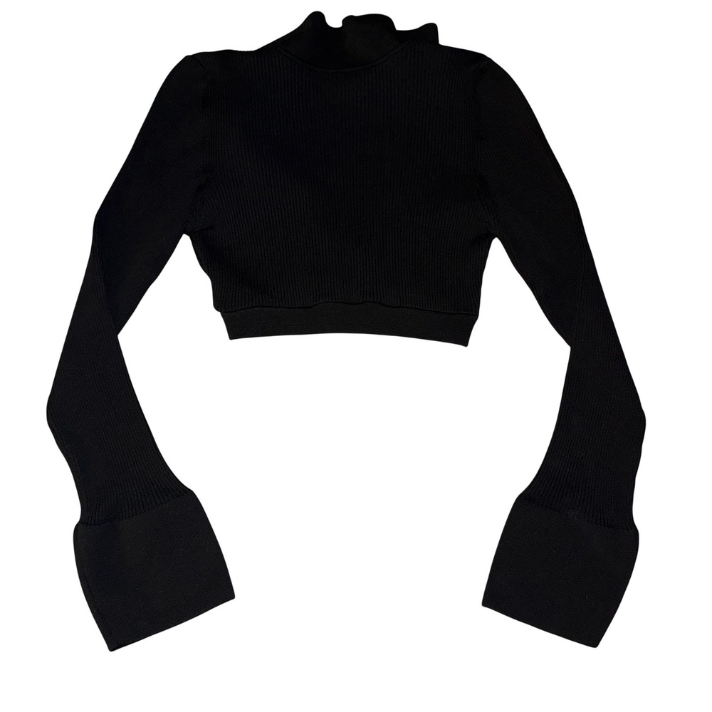 Nasty Gal Black‎ Ribbed Knit Cropped Cardigan Sweater Bell Sleeve Collar